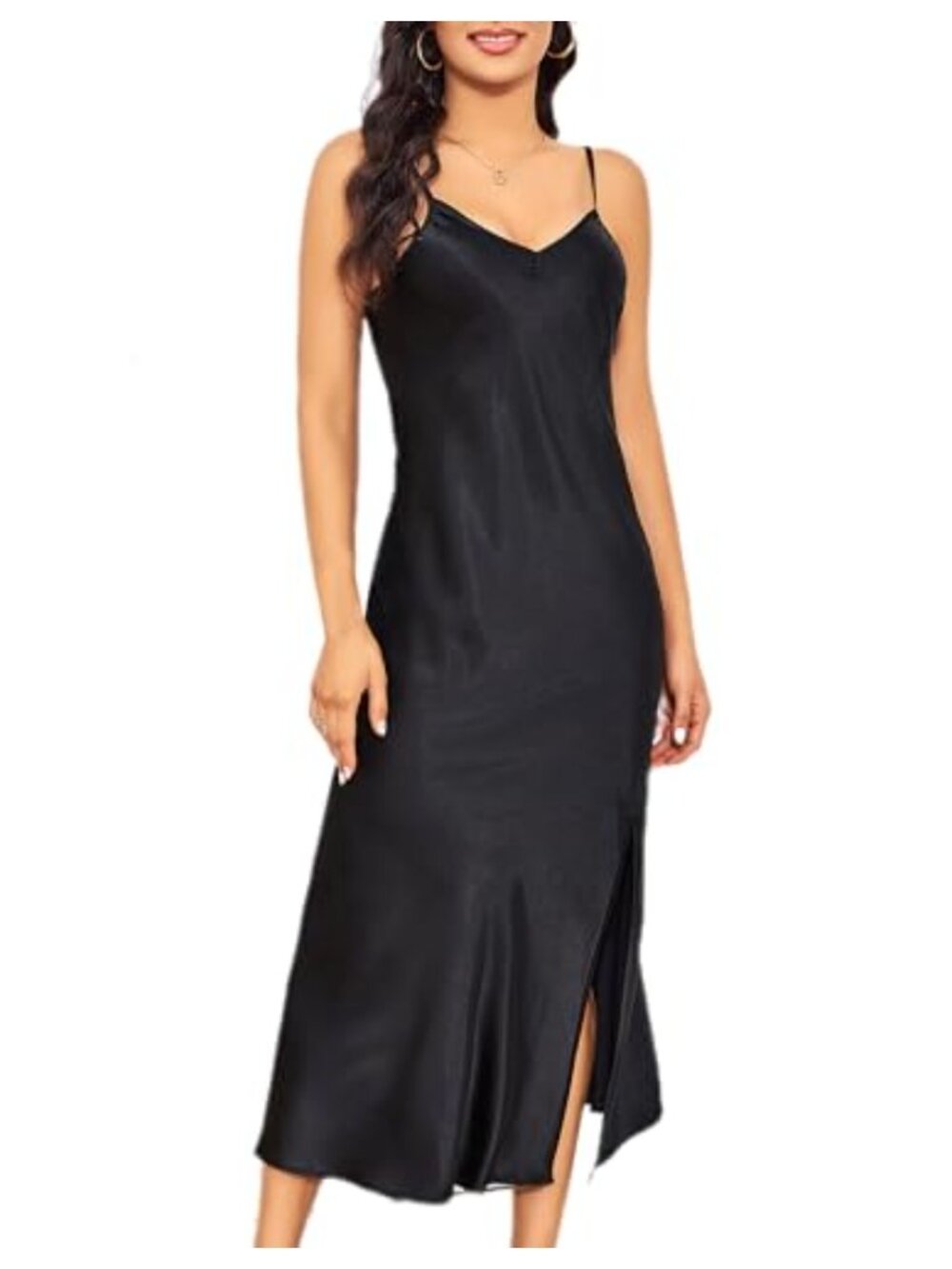 Women's Long Satin Slip Dress Adjustable Strap Midi Nightgown V Neck Lingerie